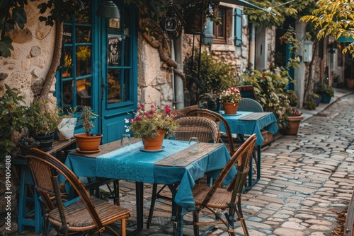 Fototapeta Naklejka Na Ścianę i Meble -  A quaint outdoor cafe setting in a European town. This photo is perfect for showcasing the ambiance of a charming cafe, ideal for travel, food, and lifestyle blogs.