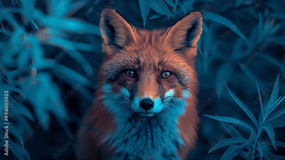 Fototapeta premium Fox in a moonlit forest, stained glass, cool tones, mystical style, intricate and serene