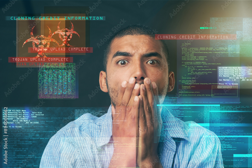 © peopleimages.com - Hologram, disaster and man with risk or crisis for coding, website development and programming. Portrait, scared or IT technician in fear of online data theft, stealing software info or cybersecurity © peopleimages.com - Hologram, disaster and man with risk or crisis for coding, website development and programming. Portrait, scared or IT technician in fear of online data theft, stealing software info or cybersecurity