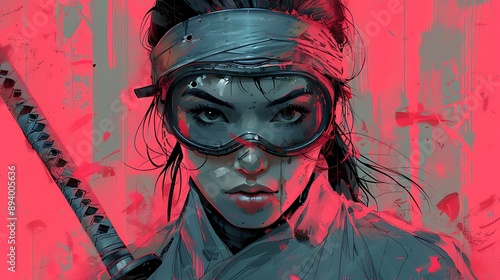 cartoon illustration of a female ninja hold katana blade with pink background
