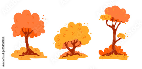 Set autumn trees. Cartoon yellow orange fall trees and autumn garden icon with fall season gold leaves for city park and forest landscape background vector isolated illustration