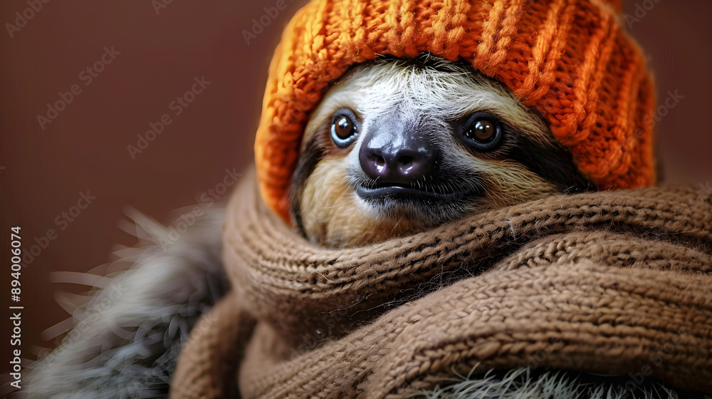 Naklejka premium Charming sloth in a vibrant orange beanie and cozy brown scarf exudes warmth and joy, perfect for wellness, lifestyle, and animal-themed marketing. Ideal for greeting cards, social media.