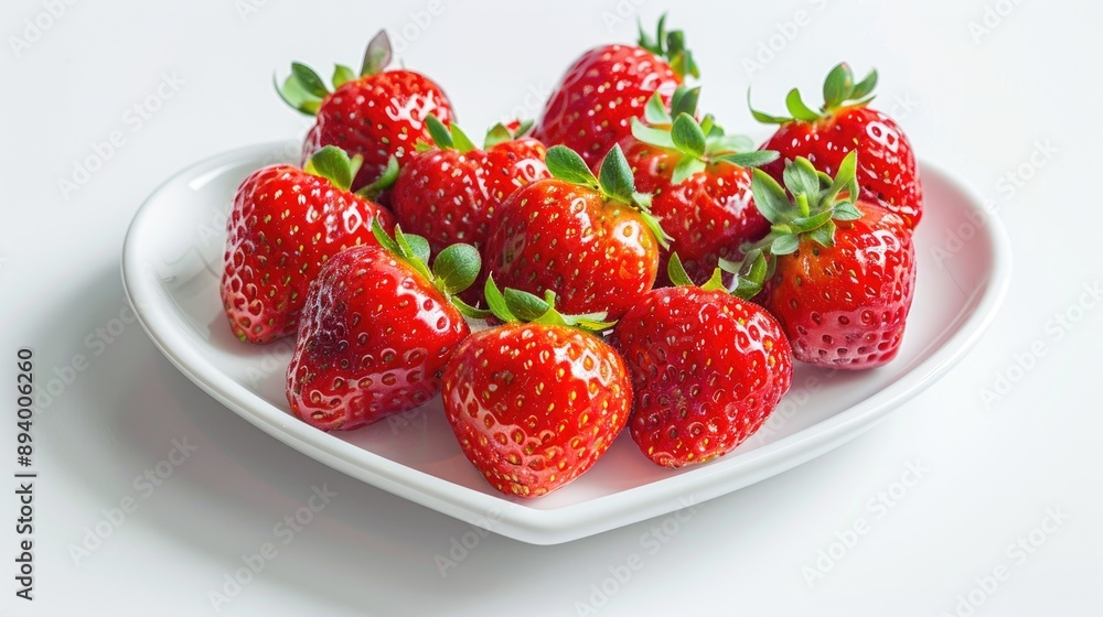 Strawberries displayed on a white background Strawberry on heart shaped plate Strawberries displayed on a white background Strawberry on heart shaped plate