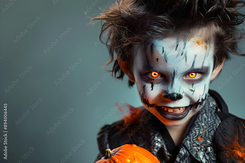 Captivating Halloween child portrait with spooky makeup, perfect for seasonal marketing, education, and festive promotions. Features dynamic colors and intense emotions; ample copy space. Captivating Halloween child portrait with spooky makeup, perfect for seasonal marketing, education, and festive promotions. Features dynamic colors and intense emotions; ample copy space.