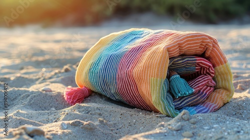 Colorful striped beach towel on sand. Perfect for promoting summer vacations and beach relaxation. photo