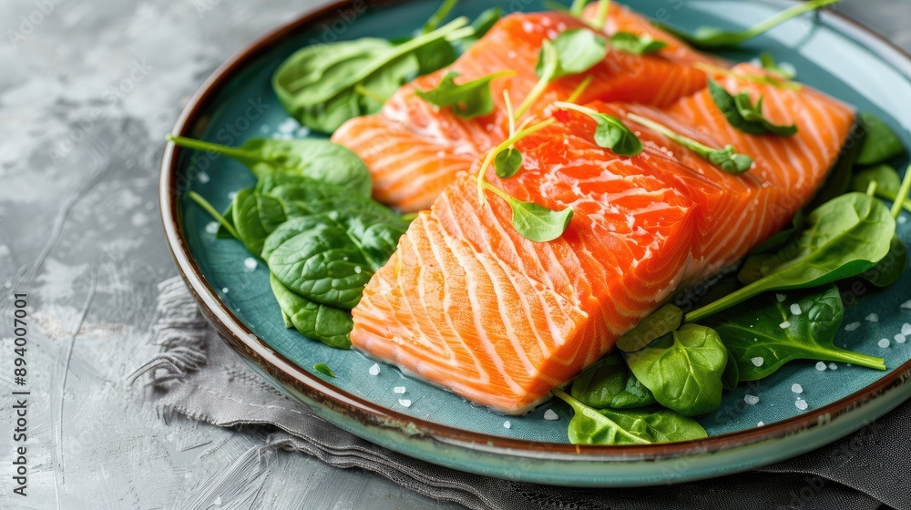 Raw salmon fillets on spinach bed. Perfect for recipes, cooking blogs, and healthy eating websites. Raw salmon fillets on spinach bed. Perfect for recipes, cooking blogs, and healthy eating websites.