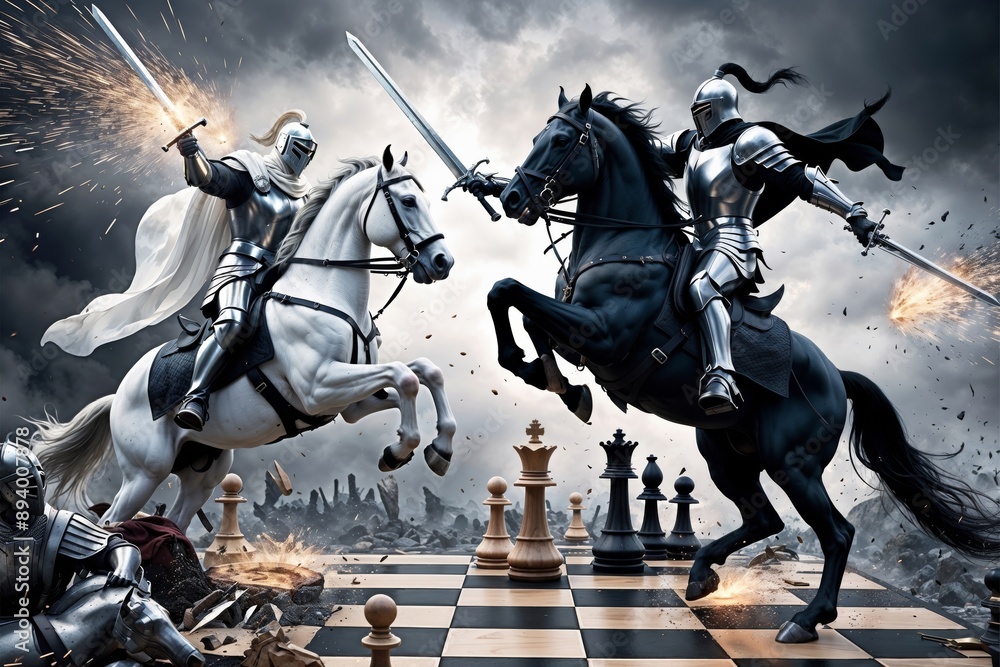 Naklejka premium Epic Medieval Battle of Two Knights on Horseback on a Giant Chessboard