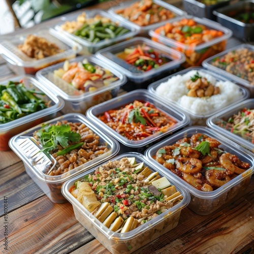 modern thai cuisine vibrant array of contemporary thai dishes presented in sleek plastic containers showcasing fresh ingredients and bold flavors for onthego dining © furyon