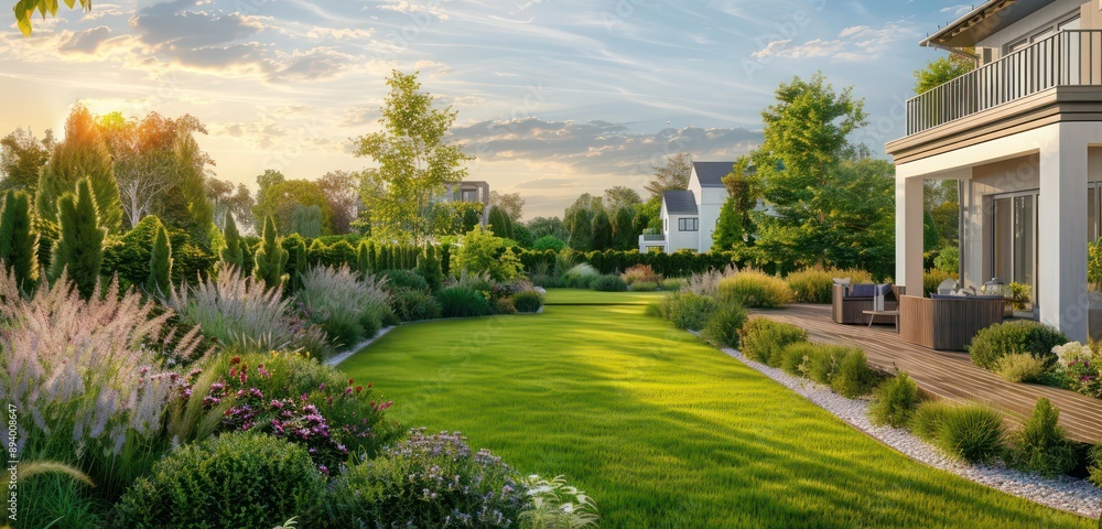 Luxury homes in a suburban setting during summer, showcasing well-curated gardens and expansive green spaces, ideal for summer activities Luxury homes in a suburban setting during summer, showcasing well-curated gardens and expansive green spaces, ideal for summer activities