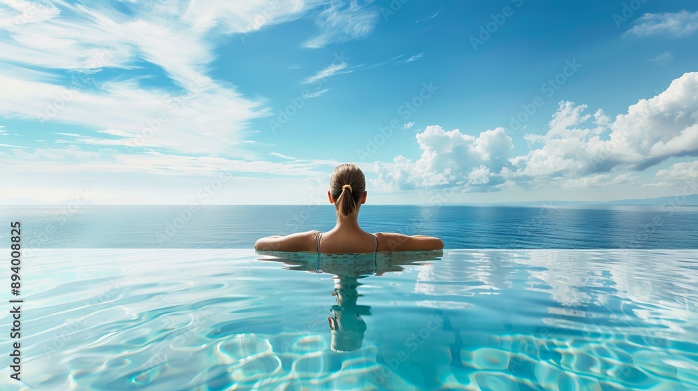 Summer Vacation. Woman in enjoying Suntan at Beach. Fashion Model in swimming Suit sunbathing over Blue Sky and Tropic Sea Background Summer Vacation. Woman in enjoying Suntan at Beach. Fashion Model in swimming Suit sunbathing over Blue Sky and Tropic Sea Background