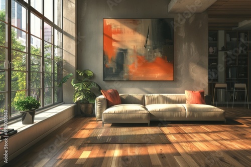 Interior of modern living room with gray walls, wooden floor, comfortable sofa and window with city view. photo