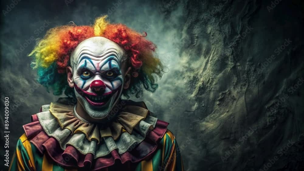 Colorful Clown with Rainbow Wig on Dark Mysterious Background, Creepy and Dramatic Colorful Clown with Rainbow Wig on Dark Mysterious Background, Creepy and Dramatic