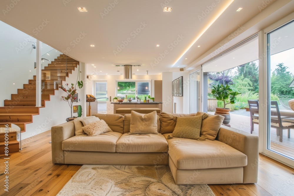 Luxury living room with beige leather sofa and wooden stairs Luxury living room with beige leather sofa and wooden stairs