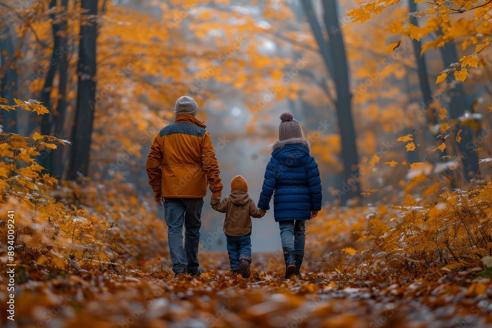 Fototapeta premium A joyful family enjoying an autumn walk, with parents carrying their little kids. Generative AI