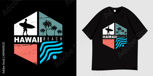 Summer Theme Graphic T -Shirt Design. Beach symbols, sunset, ocean, palm tree silhouettes and surfing. Print for clothes, wear, tee. Vector illustration