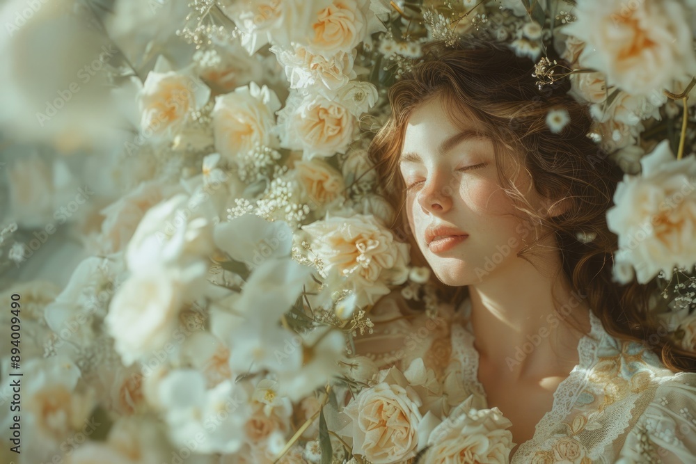 A woman is lying in a bed of flowers, with her head resting on a rose A woman is lying in a bed of flowers, with her head resting on a rose