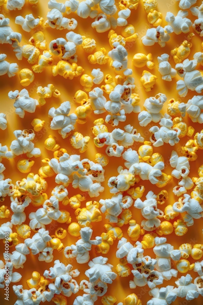 A close up of yellow and white popcorn on a yellow background A close up of yellow and white popcorn on a yellow background