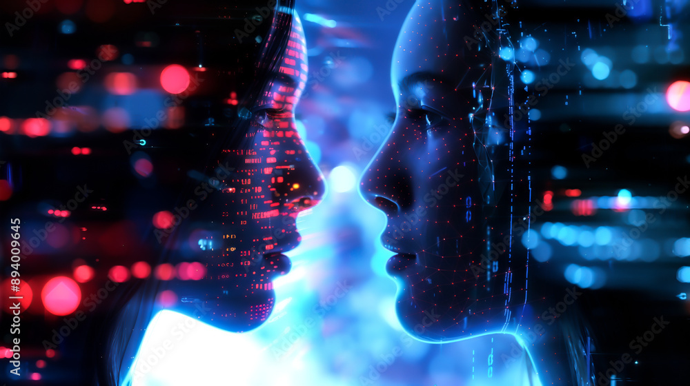 Dual digital profile with neon lights showcasing technological fusion and human connection. Futuristic and cyber aesthetic. Dual digital profile with neon lights showcasing technological fusion and human connection. Futuristic and cyber aesthetic.