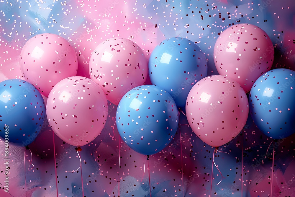 Pink and blue balloons and confetti background with copy space for festive gender reveal party or baby shower backdrop Pink and blue balloons and confetti background with copy space for festive gender reveal party or baby shower backdrop