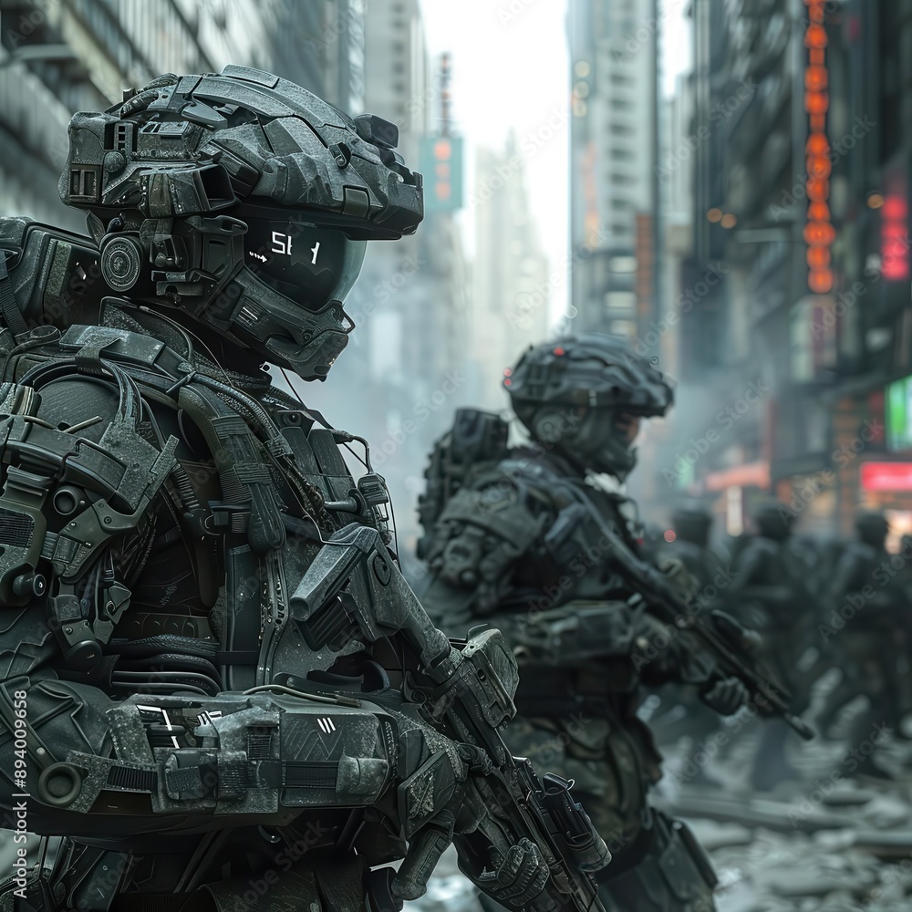 futuristic warfare hightech soldiers in advanced armor moving through wartorn cityscape augmented reality huds futuristic warfare hightech soldiers in advanced armor moving through wartorn cityscape augmented reality huds