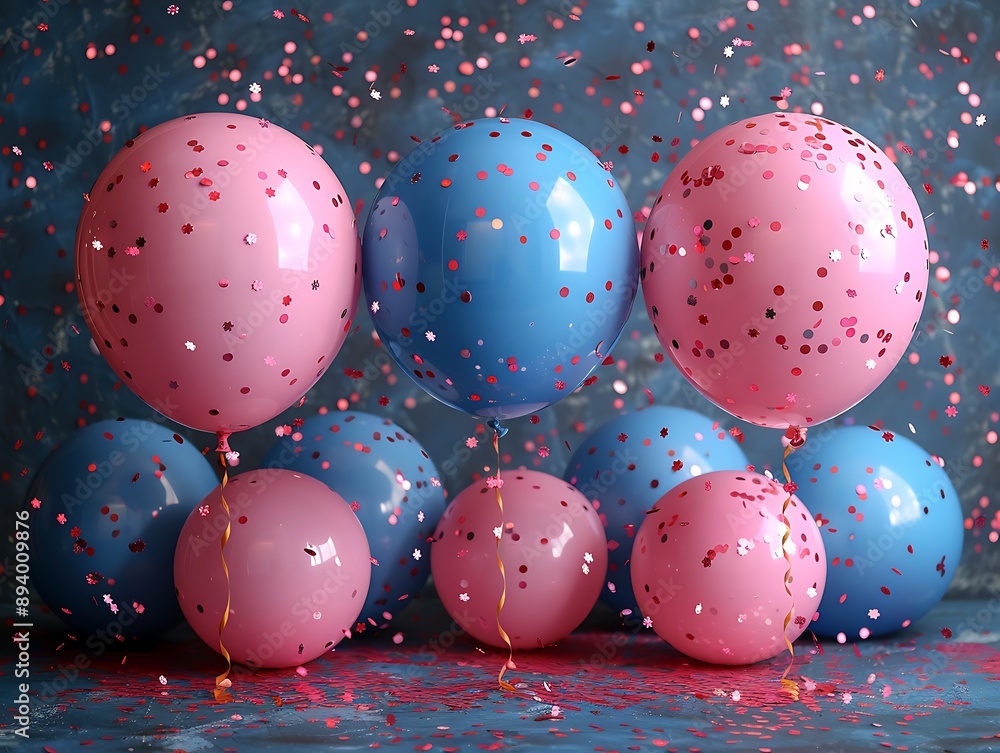 Pink and blue balloons and confetti background with copy space for festive gender reveal party or baby shower backdrop Pink and blue balloons and confetti background with copy space for festive gender reveal party or baby shower backdrop