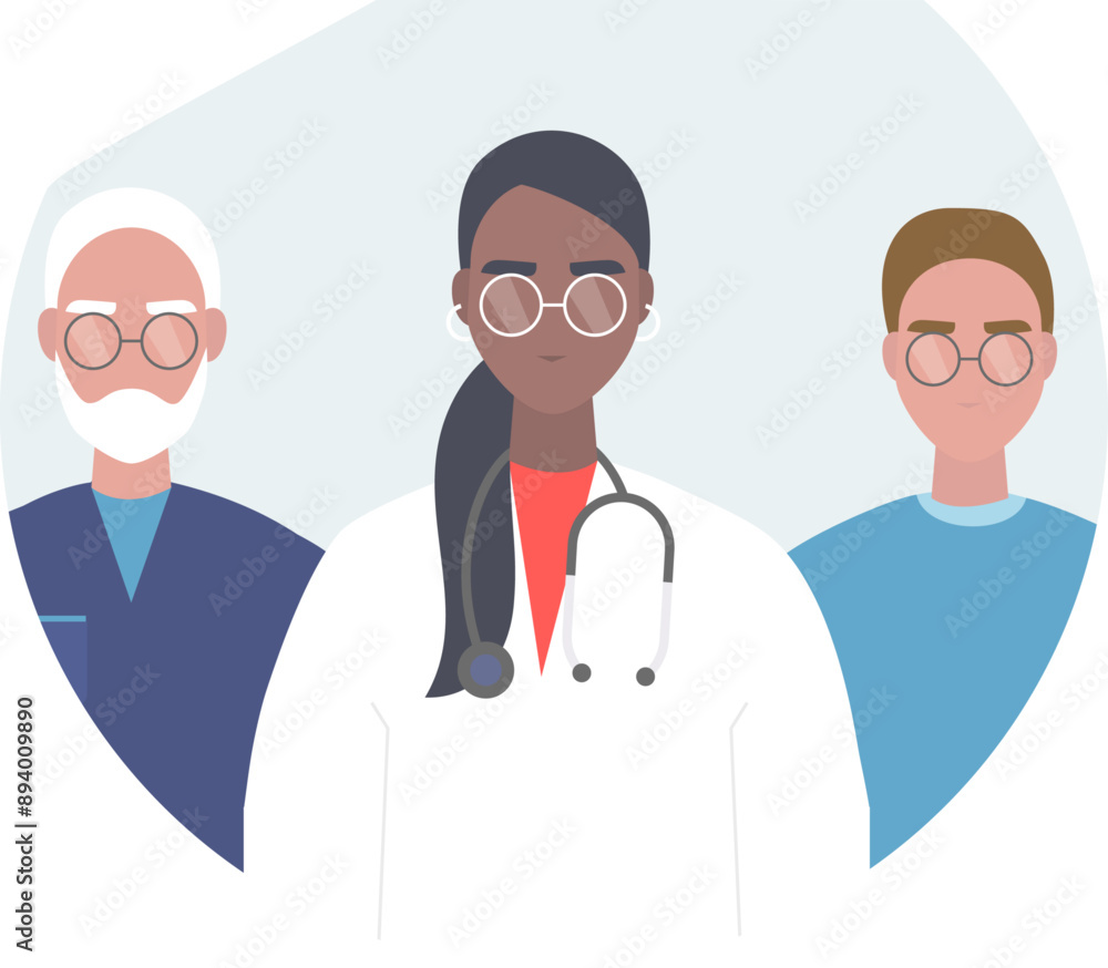 Medical team group of black female doctor and male doctors standing beside. Hospitalization concept with isometric people vector hospital team illustration in flat design