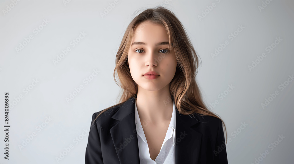 young businesswoman in a black blazer with long, loose hair, posing against a neutral gray background, exuding professionalism and confidence young businesswoman in a black blazer with long, loose hair, posing against a neutral gray background, exuding professionalism and confidence
