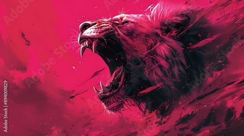 cartoon illustration of raging lion with pink smoke background