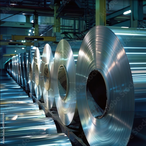 gleaming industrial machinery massive aluminum rolls in stateofart factory precision engineering cool metallic tones dramatic lighting highlighting curves photo