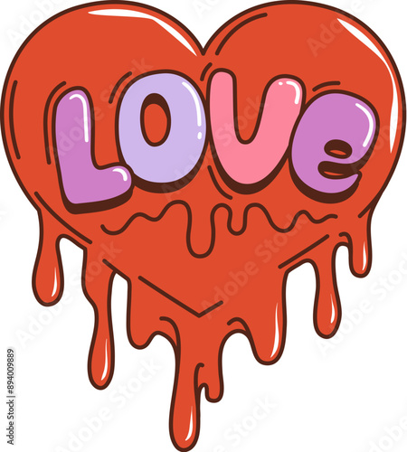 Cartoon retro groovy hippie love heart. Red melting heart with drips in nostalgic psychedelic style of 60s. Isolated vector y2k symbol of Valentines day, drug trip, love, romantic vibes or passion