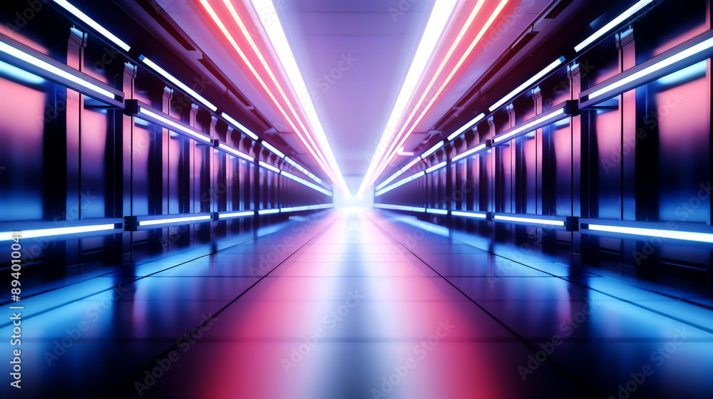 Futuristic corridor with vibrant neon lights, creating a sci-fi atmosphere. Perfect for concepts of technology, innovation, and modern design. Futuristic corridor with vibrant neon lights, creating a sci-fi atmosphere. Perfect for concepts of technology, innovation, and modern design.