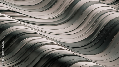 A wavy, undulating pattern of intertwined, elongated curves. These curves are presented in varying shades of gray, ranging from light to dark, creating a sense of depth and dimension.