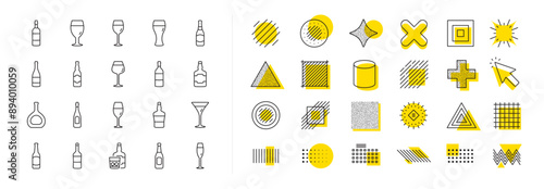 Set of Craft beer, Whiskey and Wine glass icons. Design shape elements. Wine bottle line icons. Champagne bottle, Alcohol drink and Scotch with ice. Vector