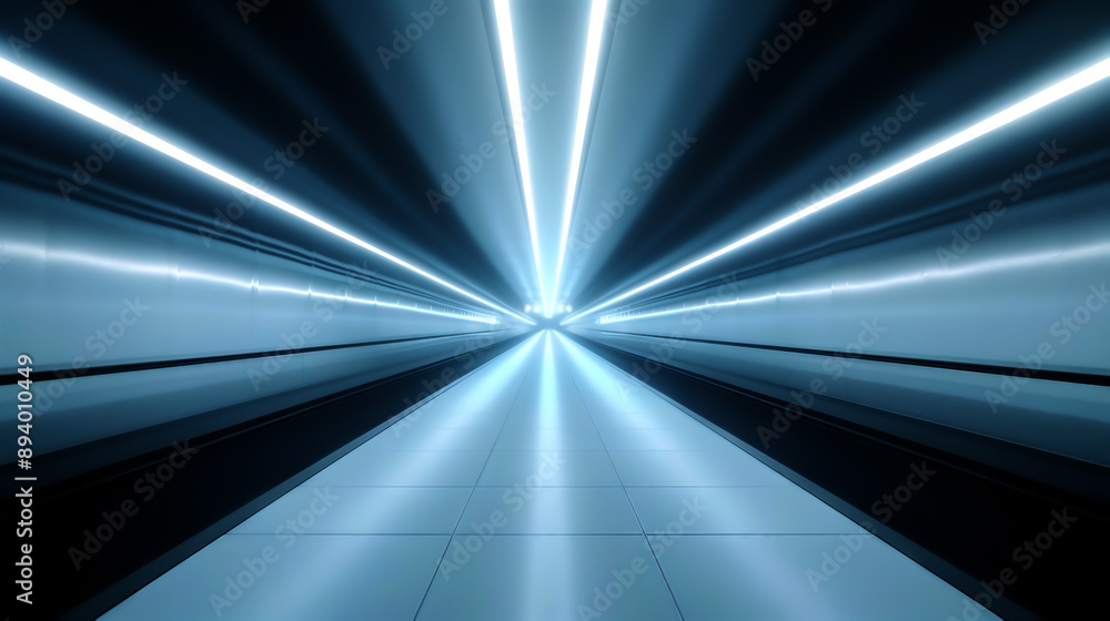 Futuristic tunnel with blue lights creating an abstract, geometric, and symmetrical pattern, evoking a sense of speed and technology.