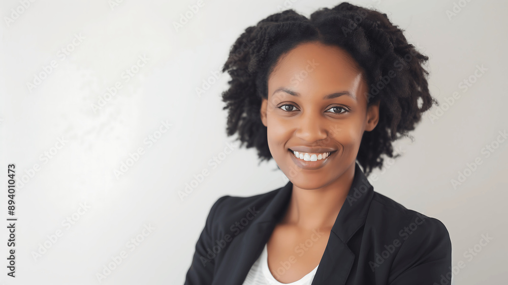 Smiling young African woman in a black blazer with natural curly hair, captured against a simple white background, exuding warmth and professionalism Smiling young African woman in a black blazer with natural curly hair, captured against a simple white background, exuding warmth and professionalism