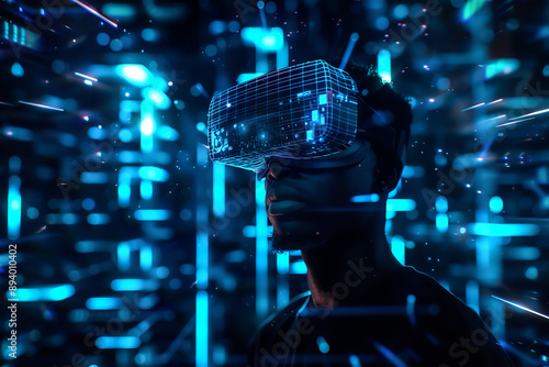 Futuristic scene of a person wearing a VR headset, surrounded by immersive virtual reality graphics and neon lights.