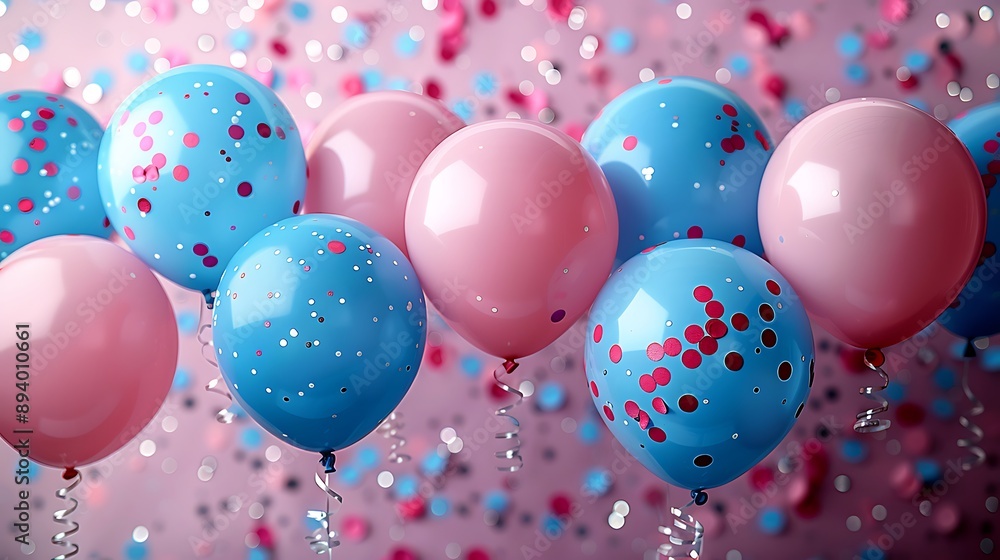 Pink and blue balloons and confetti background with copy space for festive gender reveal party or baby shower backdrop Pink and blue balloons and confetti background with copy space for festive gender reveal party or baby shower backdrop
