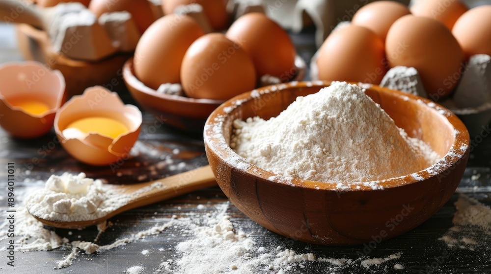 Cooking setup with eggs, sugar, and flour Cooking setup with eggs, sugar, and flour