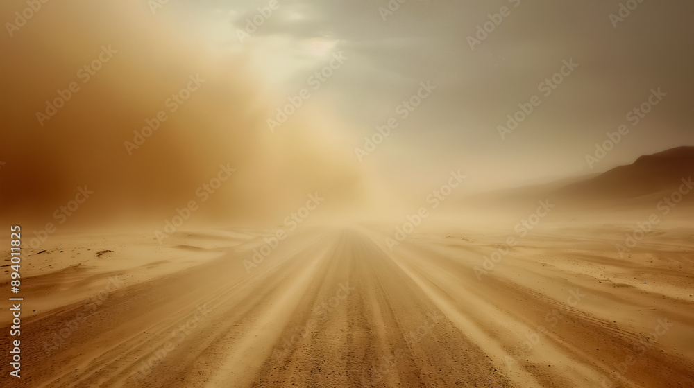A desolate road vanishes into the horizon amidst a dramatic sandstorm, creating an otherworldly and eerie landscape. A desolate road vanishes into the horizon amidst a dramatic sandstorm, creating an otherworldly and eerie landscape.