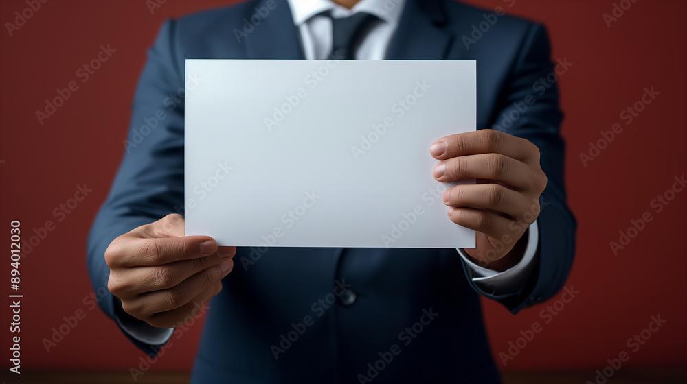 Businessman in suit holding blank white card, professional presentation concept, marketing and advertising, close-up on red and gray background. Businessman in suit holding blank white card, professional presentation concept, marketing and advertising, close-up on red and gray background.
