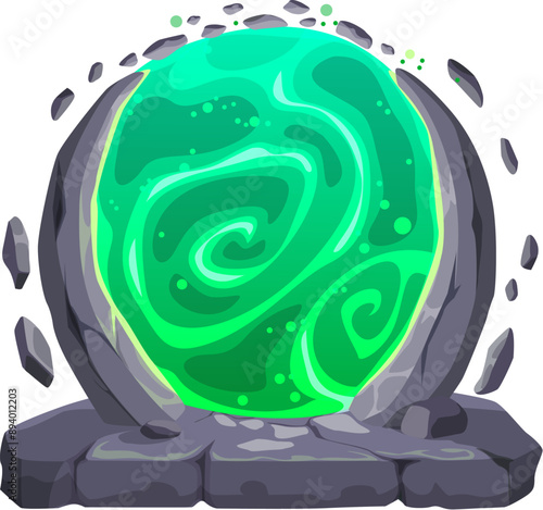 Fantasy fairytale game magic portal door with green plasma, cartoon vector gate in stone rock arch. Magic portal door or parallel world entrance for time and space teleport for mystery game element