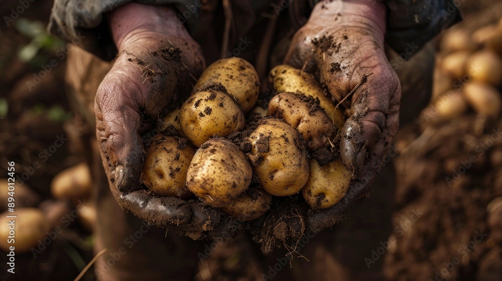 Potato harvesting by a farmer with soil on their hands Potato harvesting by a farmer with soil on their hands