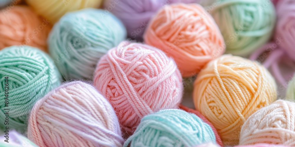 A close-up of soft, pastel-colored yarn balls arranged in an intricate pattern, symbolizing the joy and creativity that come with knitting or crocheting A close-up of soft, pastel-colored yarn balls arranged in an intricate pattern, symbolizing the joy and creativity that come with knitting or crocheting