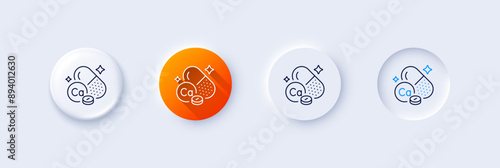 Calcium mineral line icon. Neumorphic, Orange gradient, 3d pin buttons. Chemical element Ca sign. Capsule or pill symbol. Line icons. Neumorphic buttons with outline signs. Vector