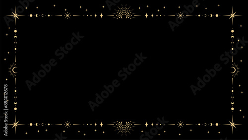 Mystic celestial frame, tarot magic border with vector line stars and moon phases ornaments. Vintage esoteric tarot cards, astrology horoscope and zodiac frames with mystic constellation borders