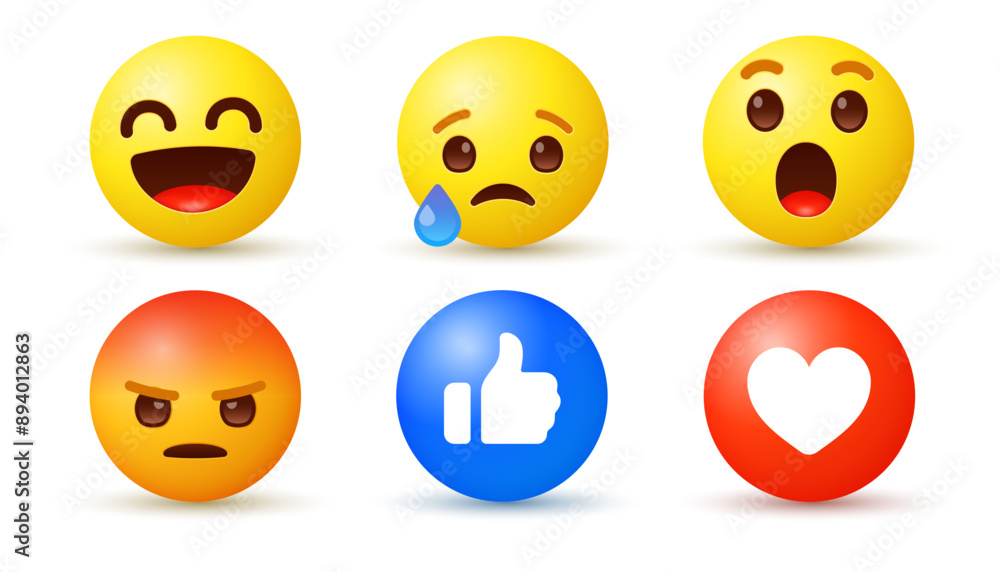 Fototapeta premium 3d emoji reactions social media reaction emojis, emoticons - like, love, haha, wow, cry, angry, smileys, emoji, emoticon