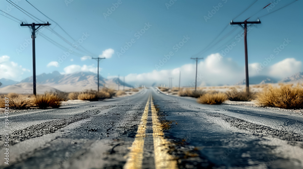 Deserted road stretching into the distance under clear blue skies, with telephone poles lining the road and mountains in the background. Deserted road stretching into the distance under clear blue skies, with telephone poles lining the road and mountains in the background.