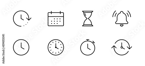 Time and clock icon set. calendar, timer line icons . vector time passage and stopwatch, hourglass, notification bell, icon, minimal thin line app web icons collection set . editable stroke