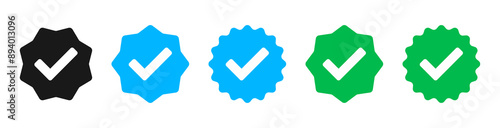 Verified badge icon tick symbol vector approved check mark icon. Blue green checkmark icons - Certificate badge Quality certify icon