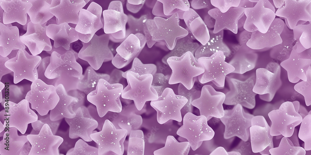 Fototapeta premium A cute and dreamy, aesthetic background of close-up of star shaped pastel purple gummy candy, each piece showcasing its chewy texture and sugar-coated finish